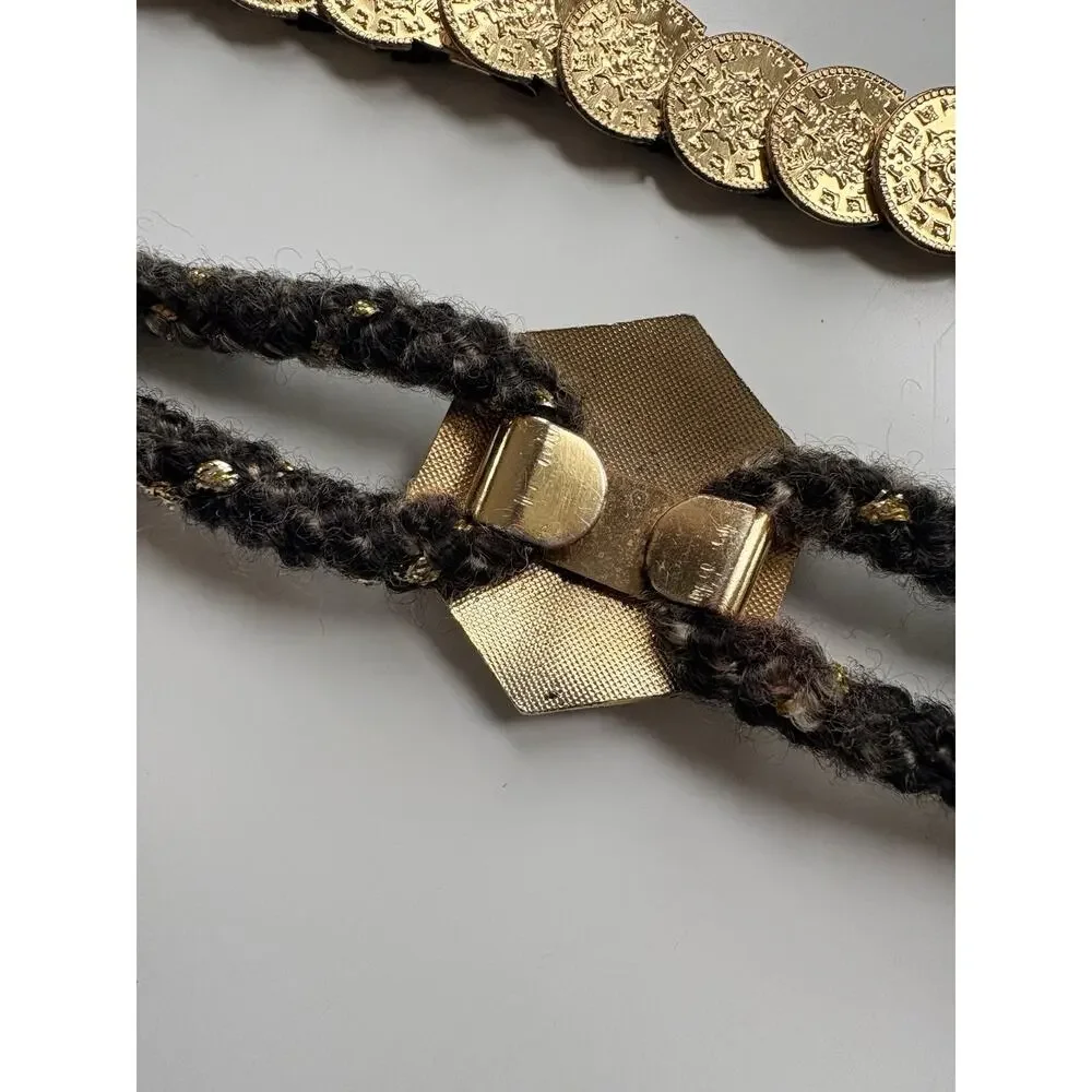 Vintage Cloisonne Belt Hummingbird Floral Black Gold + Stretch Coin Belt 80's